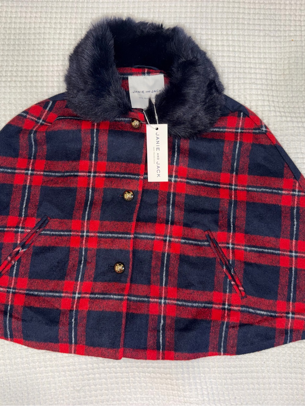 NWT Janie and Jack Plaid Faux Fur Cape Coat Girls Size 5–6